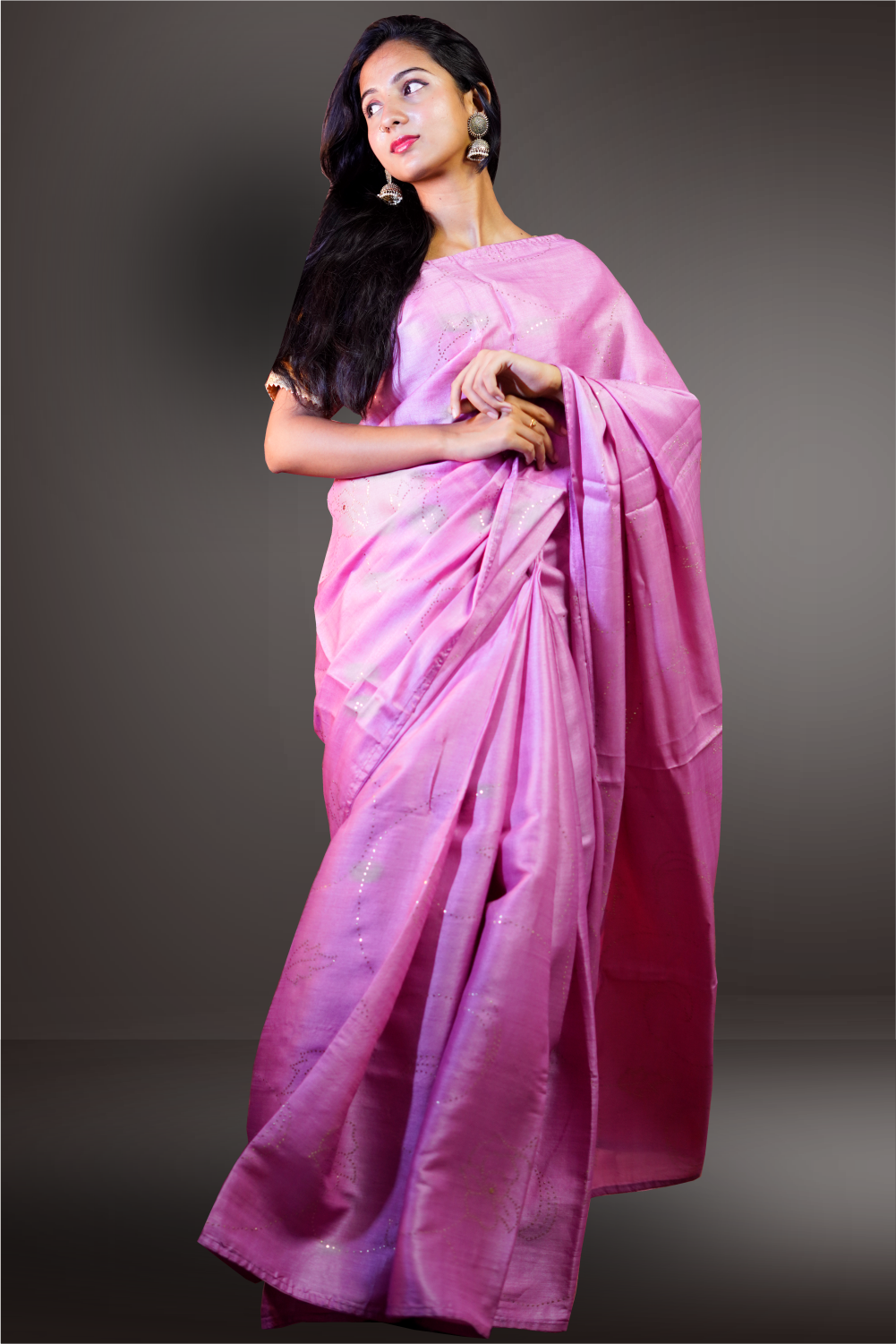 Pink Color Hand Crafted Gold Tikkit Worked Tussar Saree