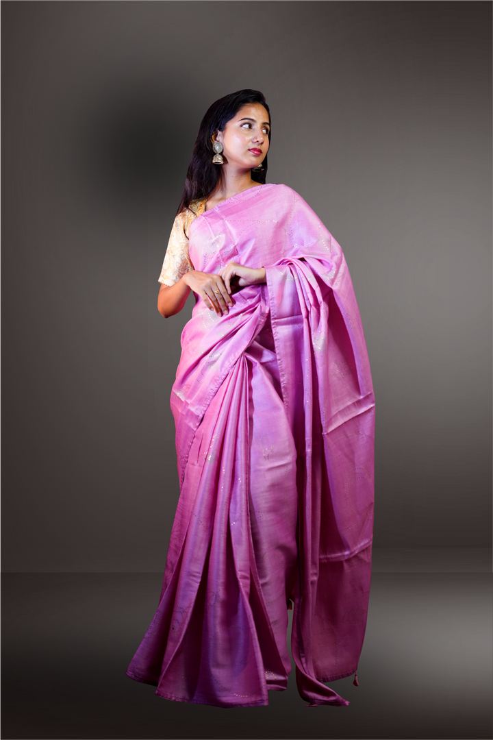 Pink Color Hand Crafted Gold Tikkit Worked Tussar Saree