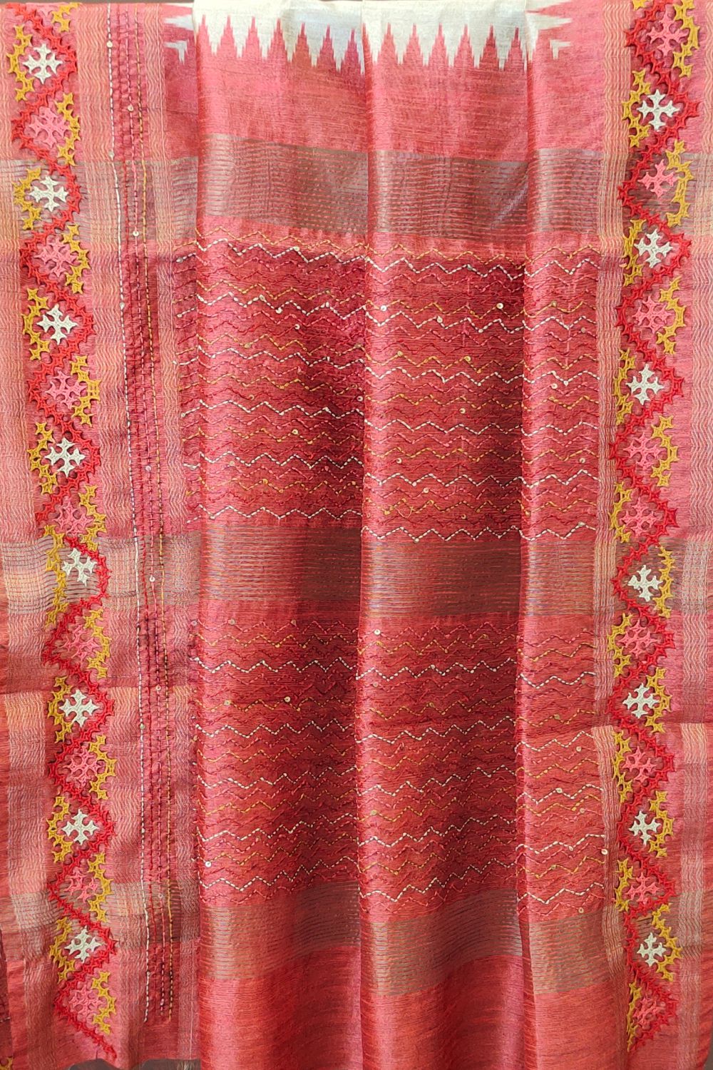 Red Hand Stitch Embroidery Art Silk Saree