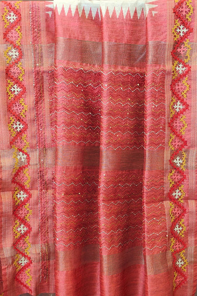 Red Hand Stitch Embroidery Art Silk Saree
