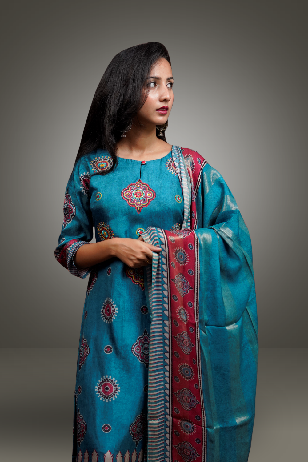 Peacock Blue Color Ajrak Printed Crepe Based Salwar Kameez