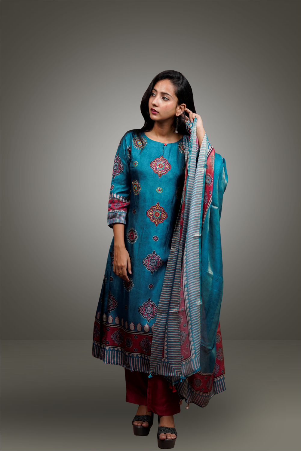 Peacock Blue Color Ajrak Printed Crepe Based Salwar Kameez