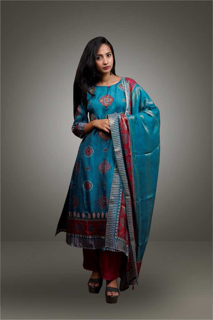 Peacock Blue Color Ajrak Printed Crepe Based Salwar Kameez