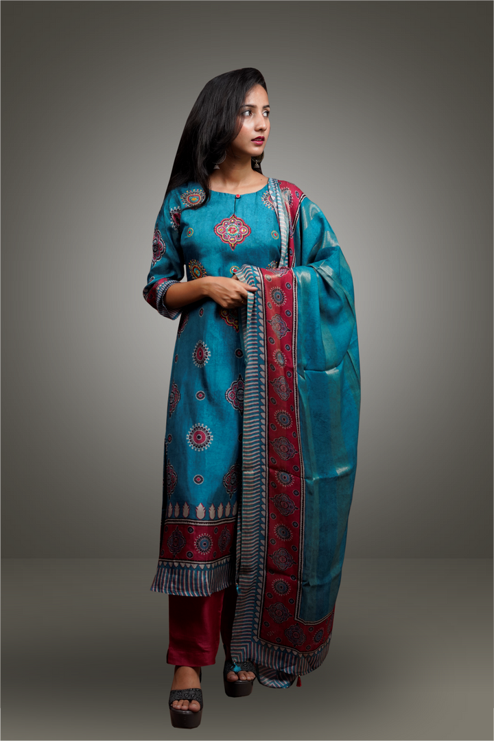 Peacock Blue Color Ajrak Printed Crepe Based Salwar Kameez