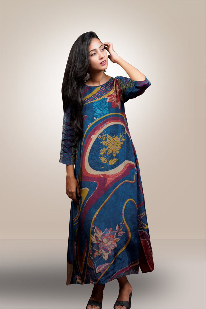 Multicolor In Blue Base Crepe Printed Long Gown