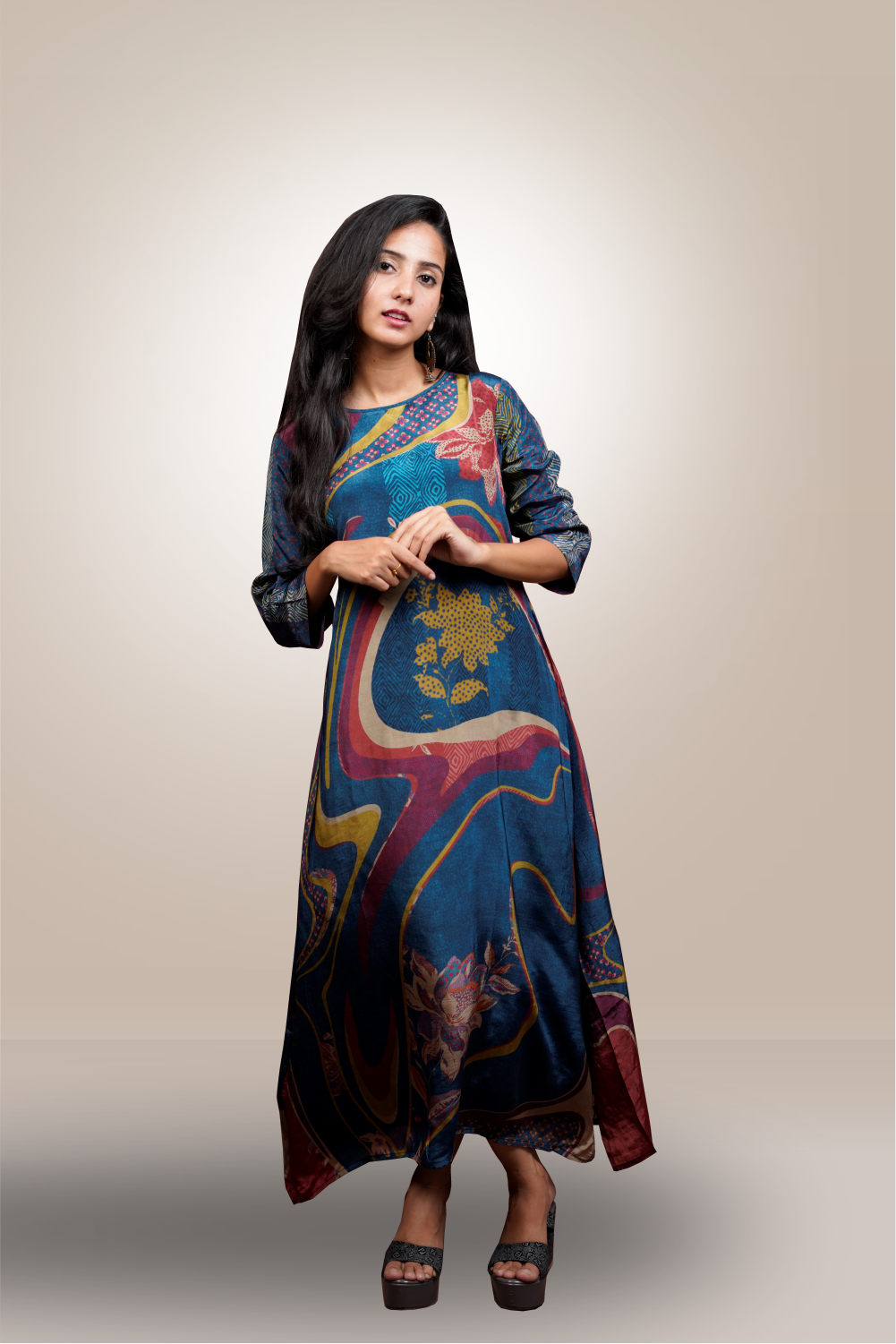 Multicolor In Blue Base Crepe Printed Long Gown