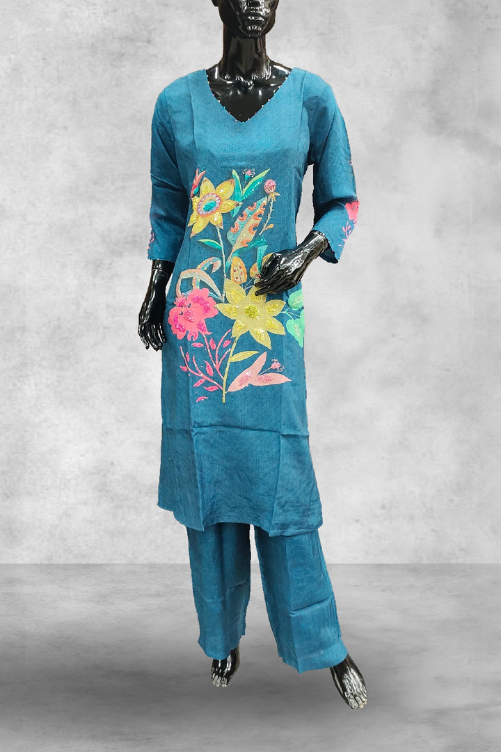 Dark Blue Russian Silk Printed with Sequins Embroidered Salwar Kameez