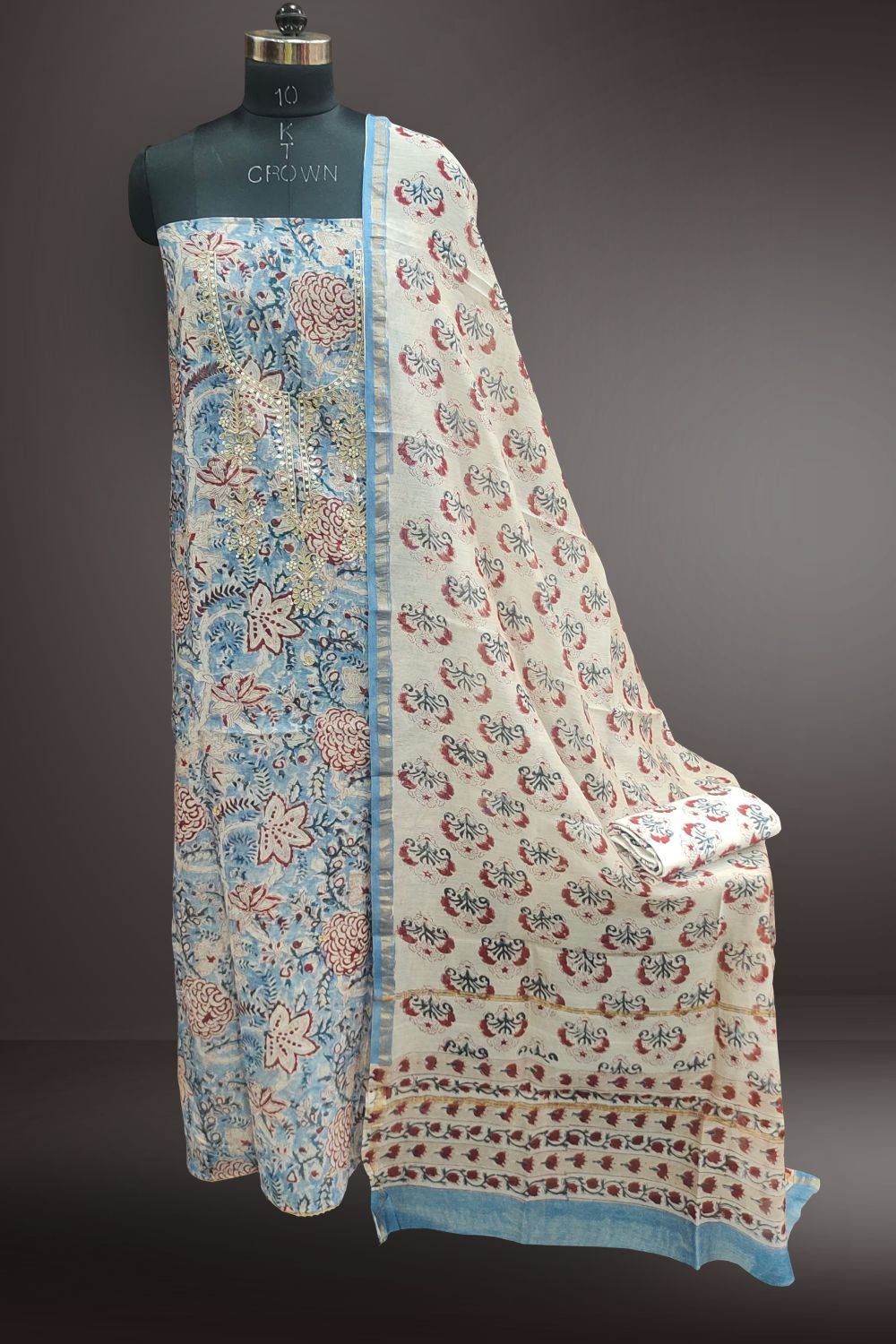Blue Silk Cotton Gotta Patti and Pearl Work Unstitched Salwar Suits