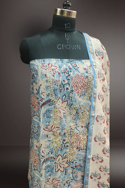 Blue Silk Cotton Gotta Patti and Pearl Work Unstitched Salwar Suits