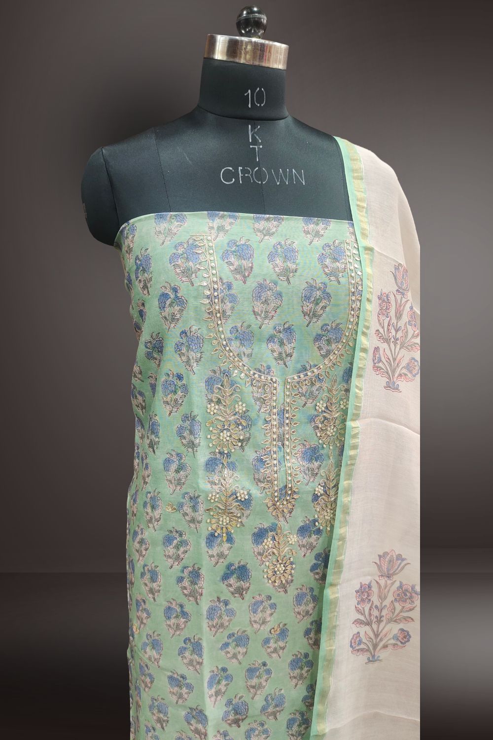 Green Silk Cotton Gotta Patti and Pearl Work Unstitched Salwar Suits