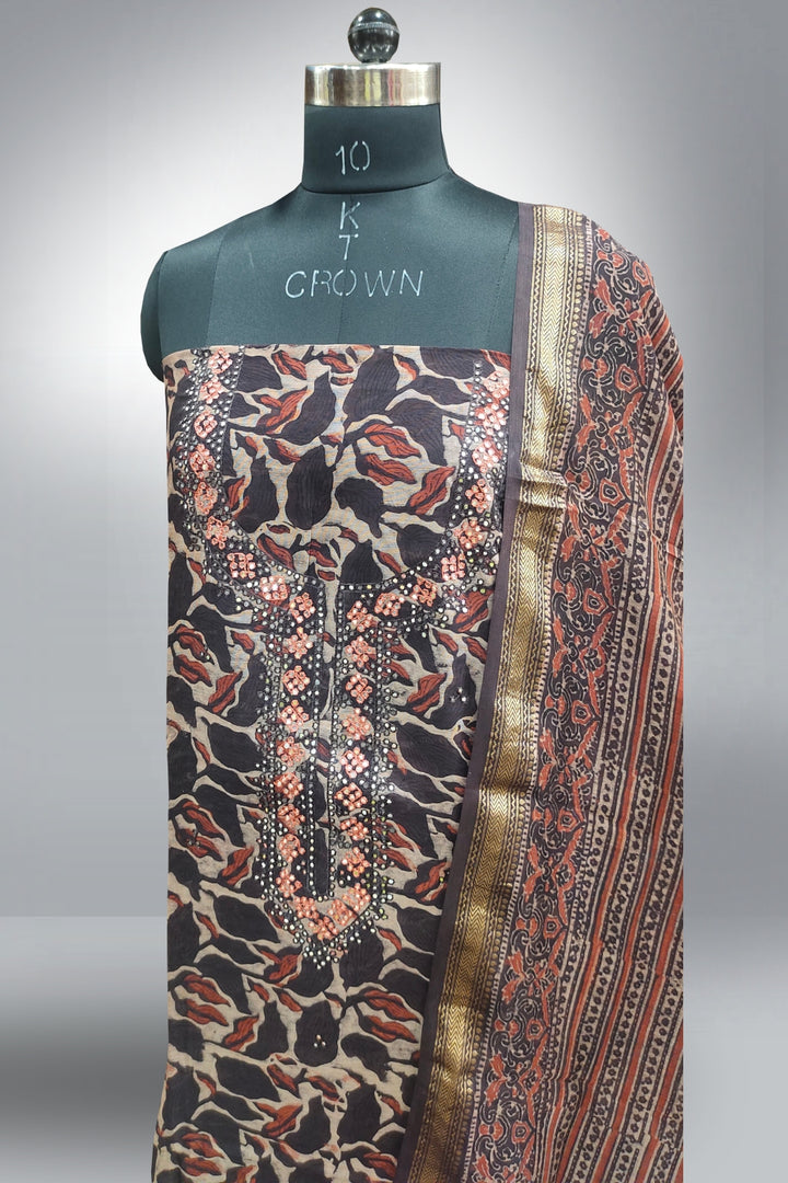 Night Brown Chanderi Printed Unstitched Salwar Suits