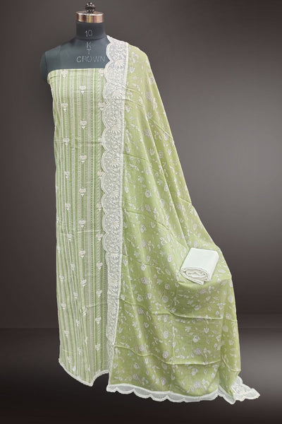 Green Silk Unstitched Salwar Suits with Hakoba Embroidery Bottom