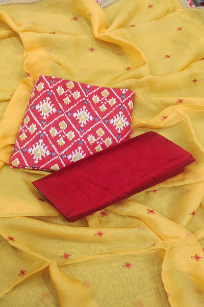 Silk Ikat Print Red Unstitched Salwar Suits