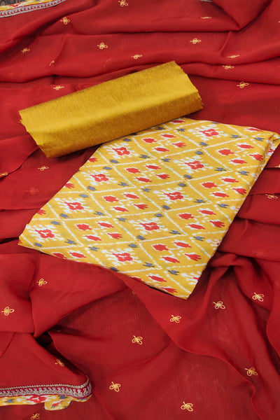 Silk Ikat Print Yellow Unstitched Salwar Suits