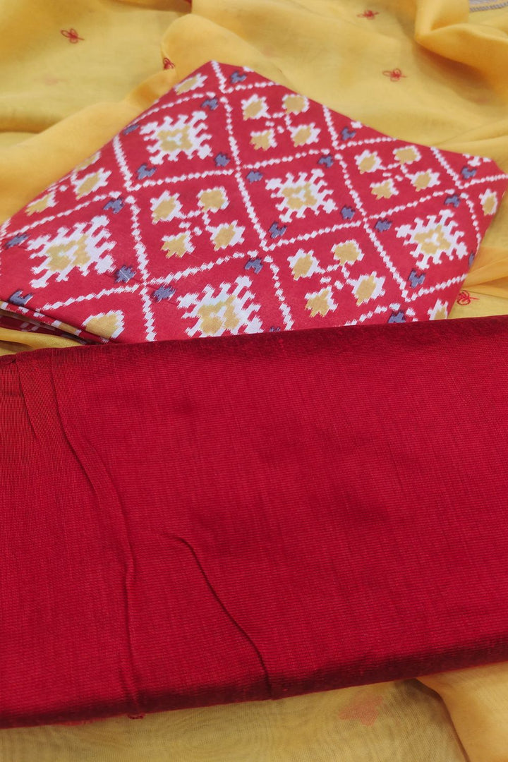 Silk Ikat Print Red Unstitched Salwar Suits