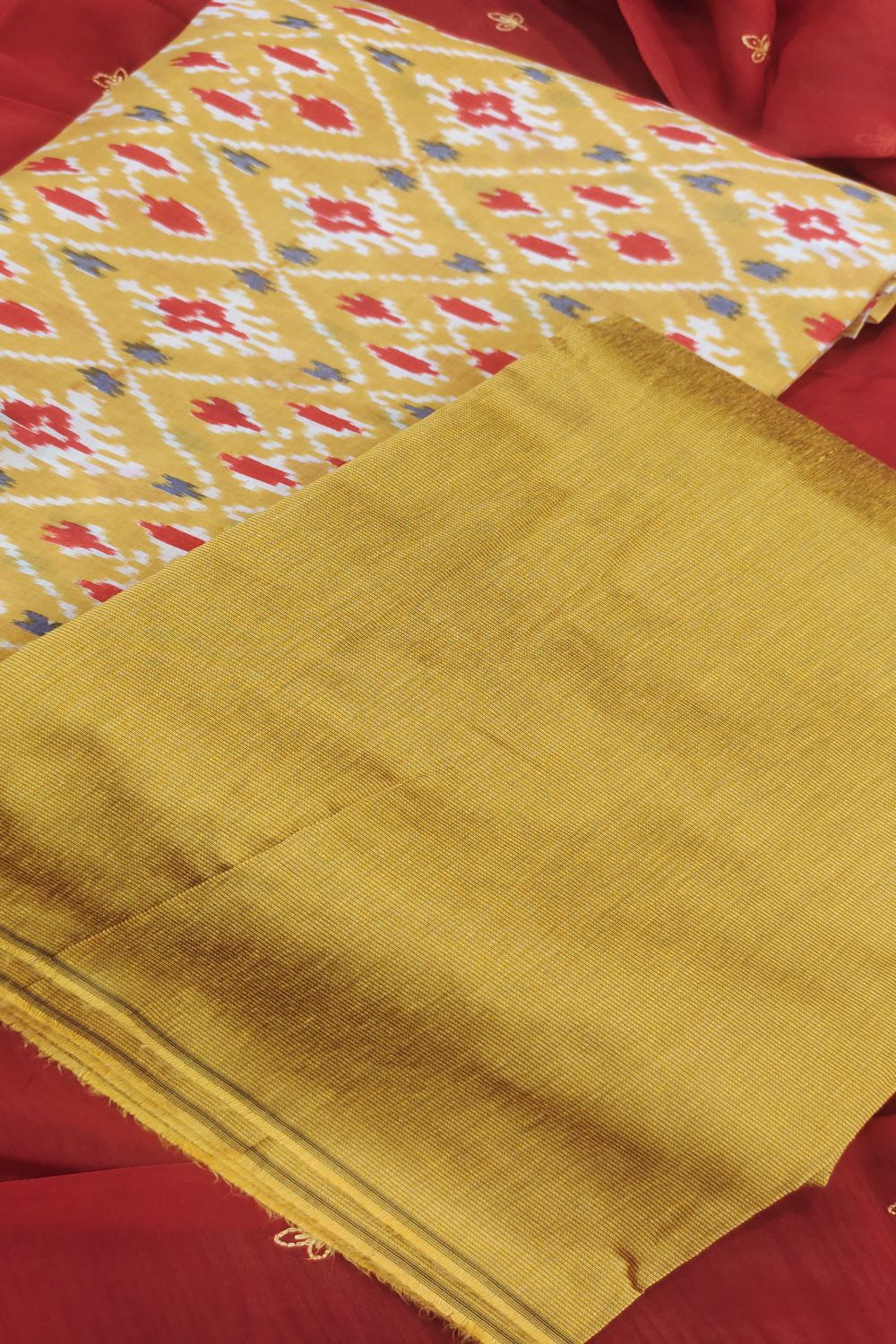 Silk Ikat Print Yellow Unstitched Salwar Suits