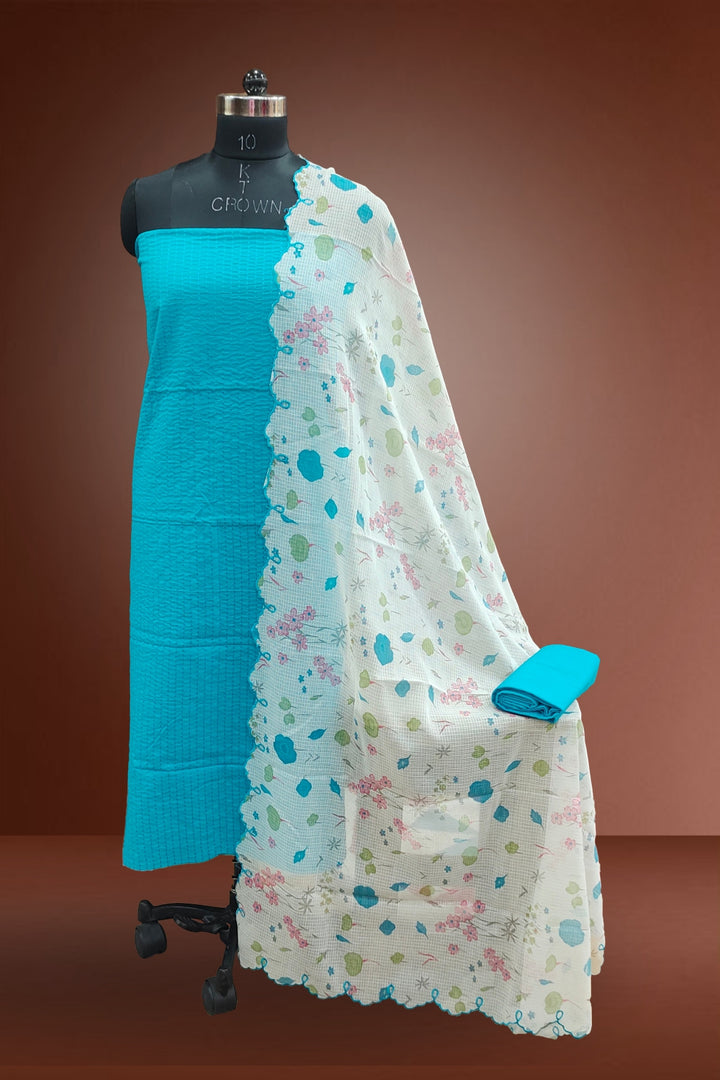Sky Blue Cotton Unstitched Salwar Suits with Kota Block Print Dupatta