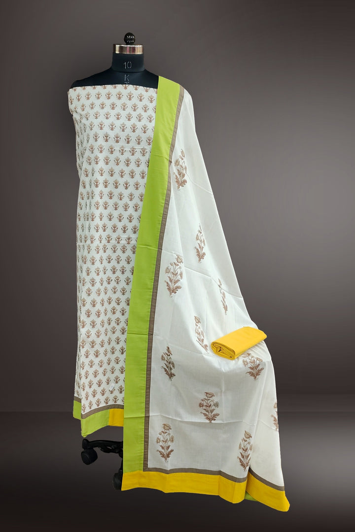 Yellow Cotton Block Printed Unstitched Salwar Suits