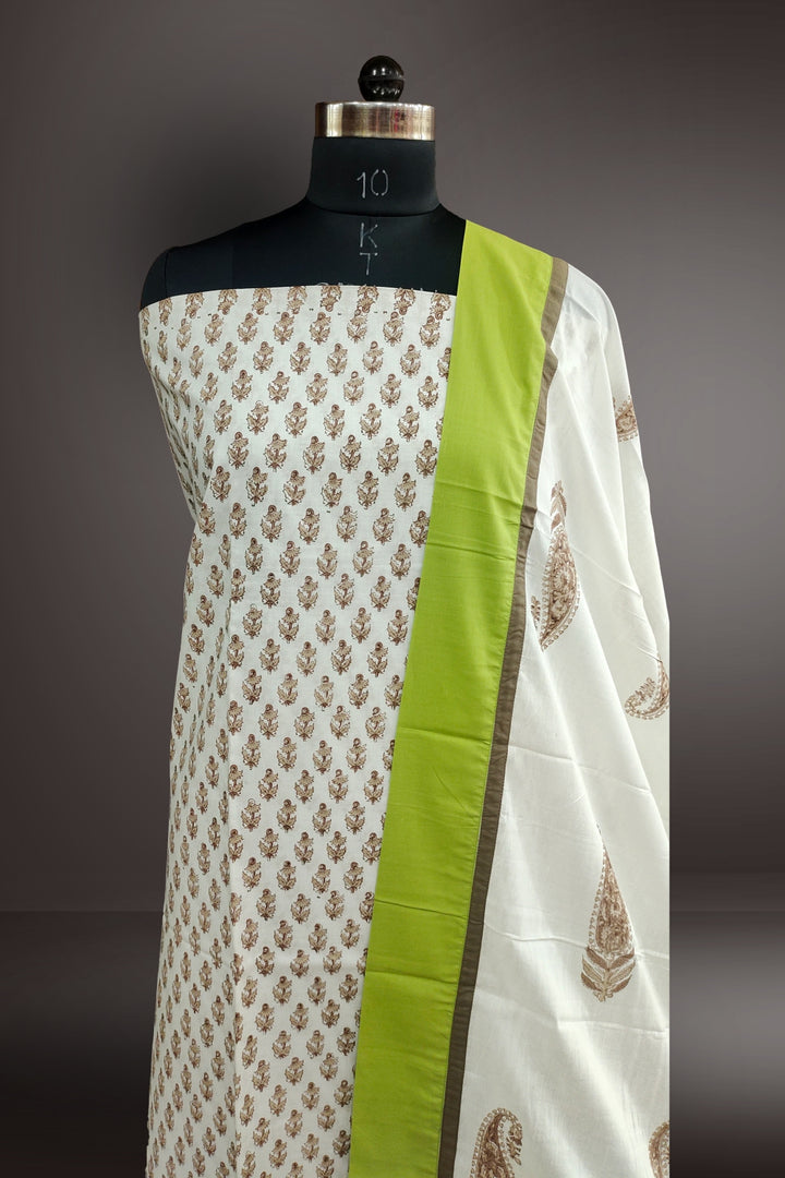 Light Green Cotton Block Printed Unstitched Salwar Suits