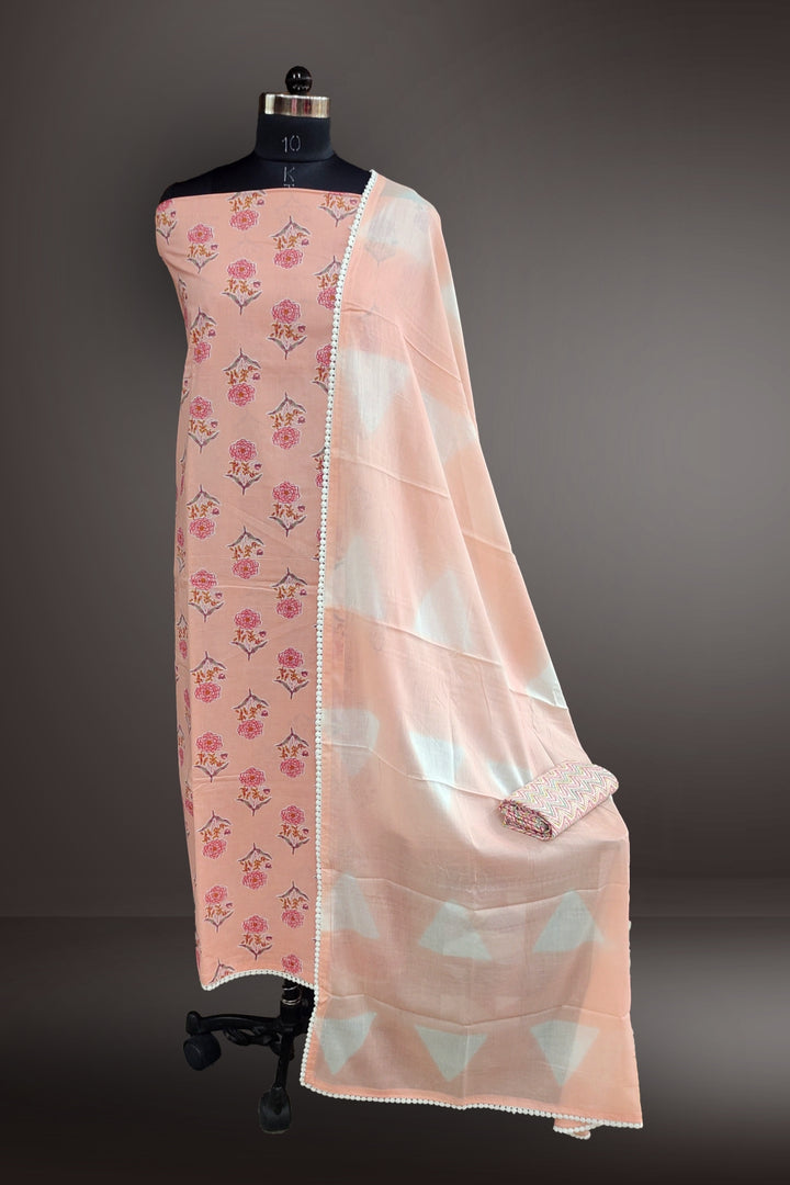 Peach Pink Cotton Printed Unstitched Salwar Suits