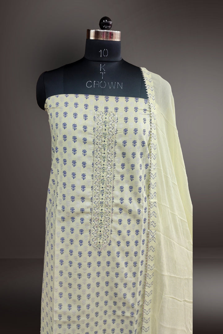 Pale Yellow Cotton Printed with Beads Work Unstitched Salwar Suits