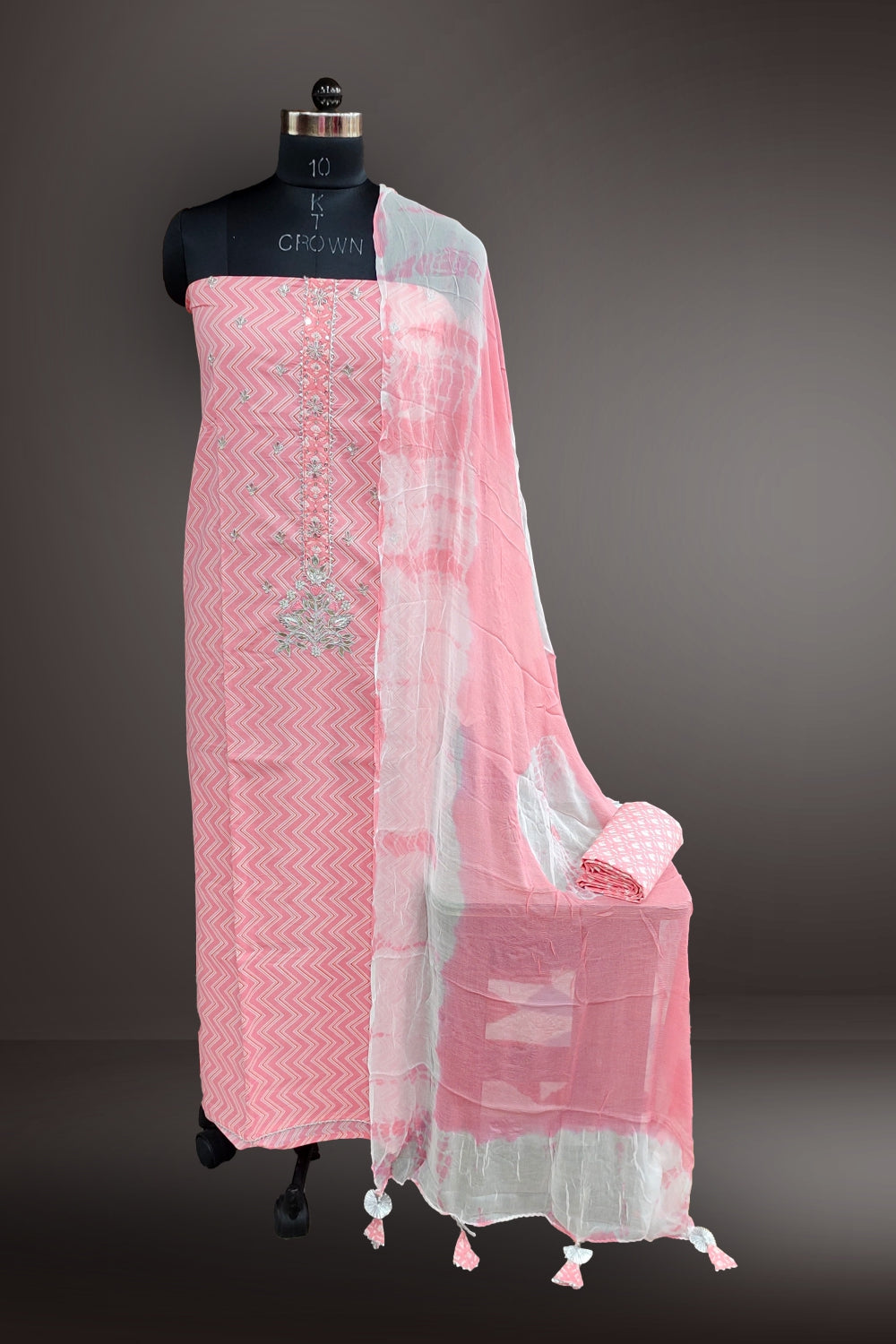 Pink Cotton Zigzag Printed with Beads Work Unstitched Salwar Suits