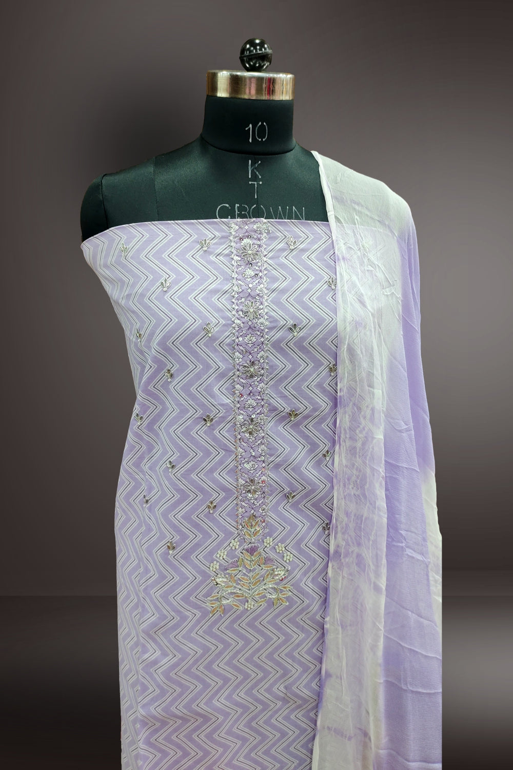 Lilac Purple Cotton Zigzag Printed with Beads Work Unstitched Salwar Suits