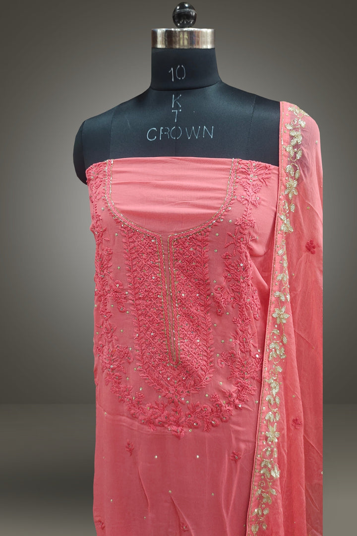 Pink Georgette Beads Work Unstitched Salwar Suits