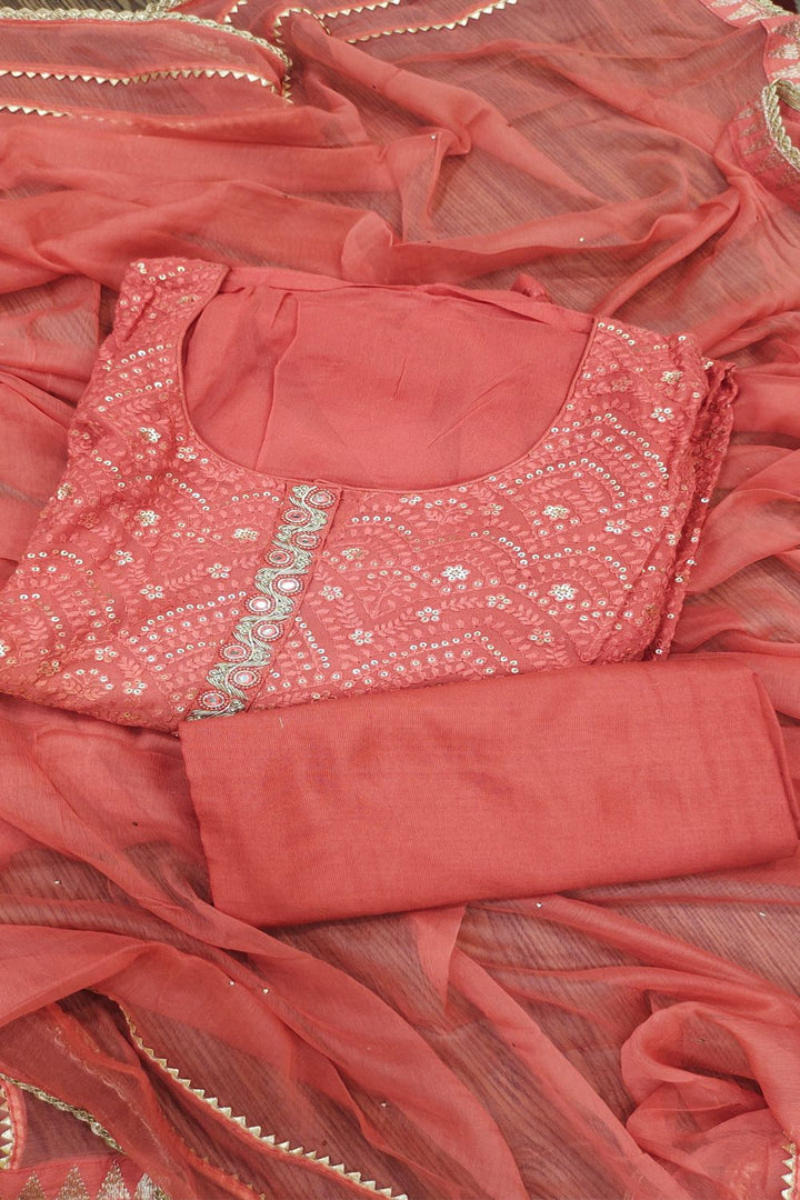 Brick Red Sequins Embroidered Semi Stitched Salwar Suits