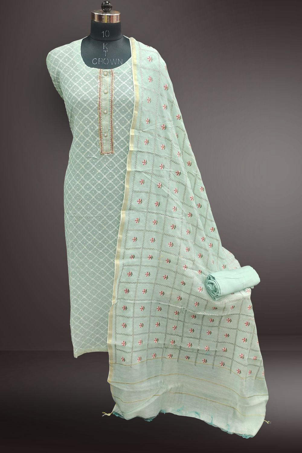 Light Mint Green Cotton Embellished Semi Stitched Salwar Suits