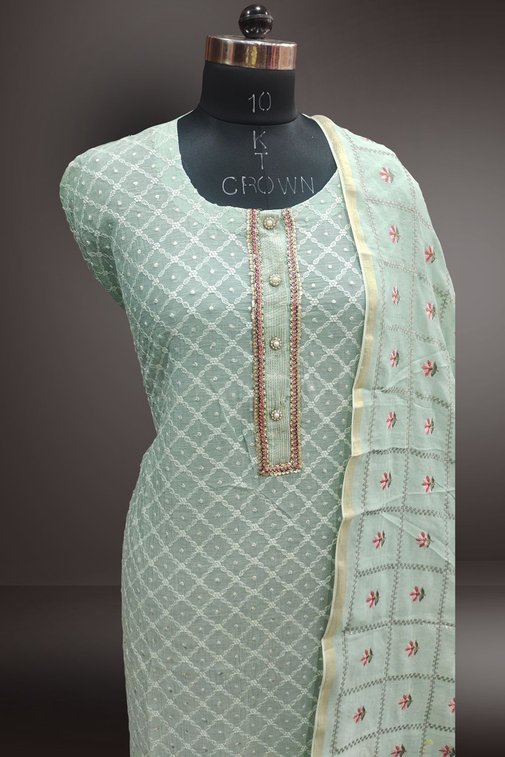 Light Mint Green Cotton Embellished Semi Stitched Salwar Suits