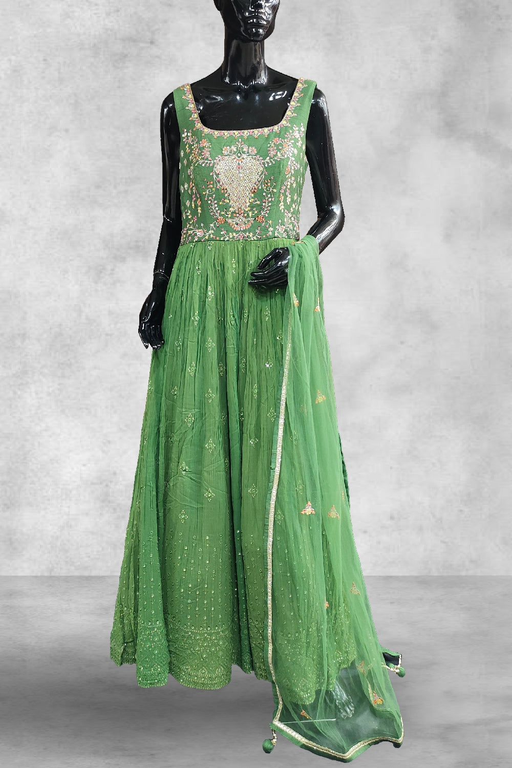 Forest Green Georgette Sequins Embroidered with Mirror Work Anarkali Suit