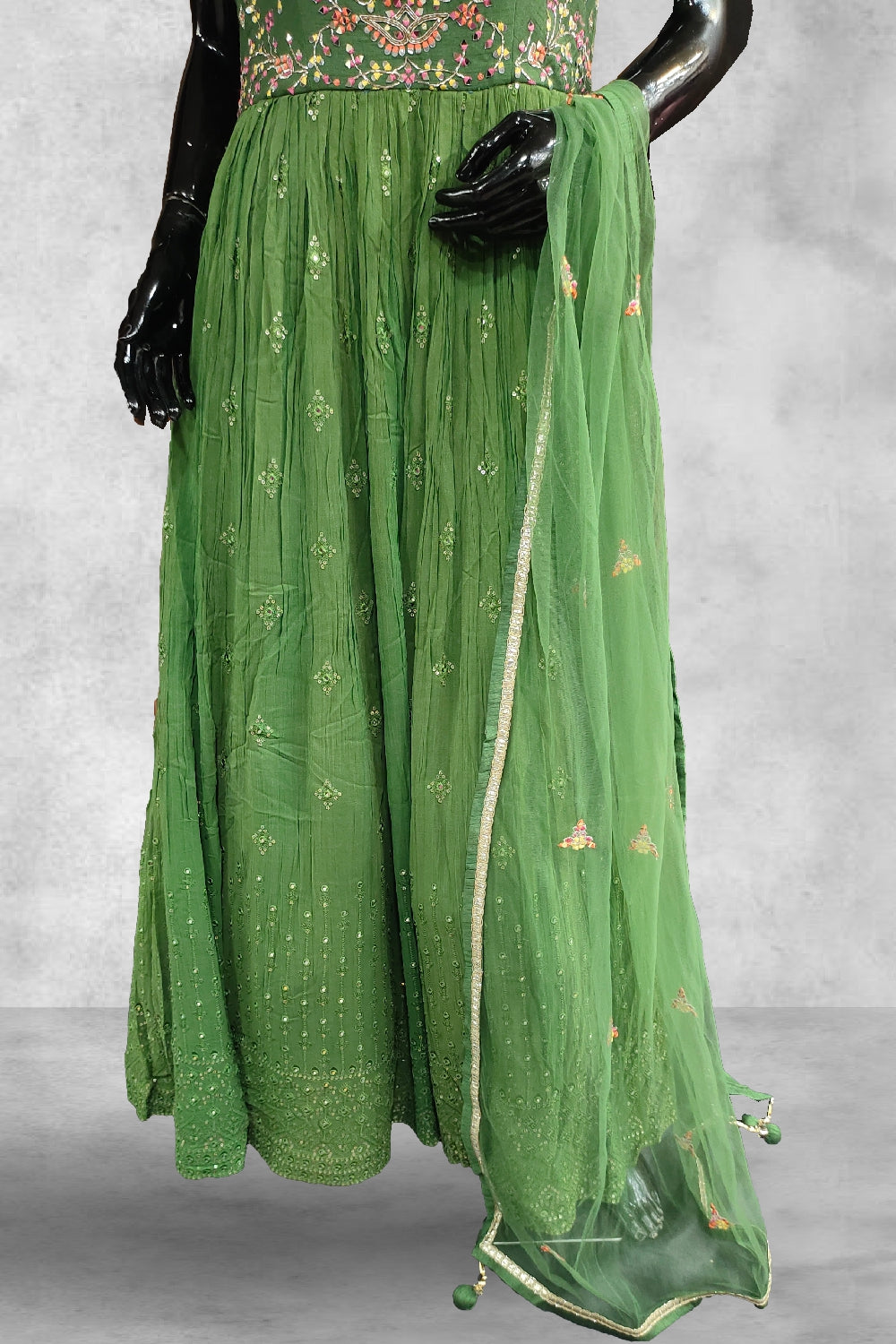 Forest Green Georgette Sequins Embroidered with Mirror Work Anarkali Suit