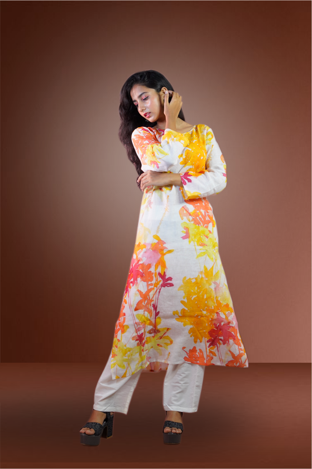 Multicolor Pure Linen Printed Salwar Suit