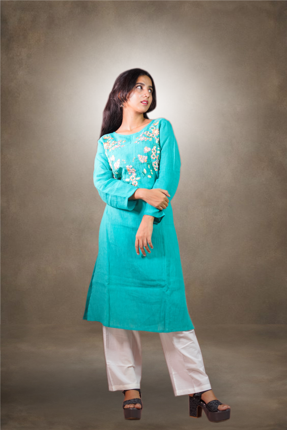 Green Color Pure Linen Embroidery Worked Salwar Kameez