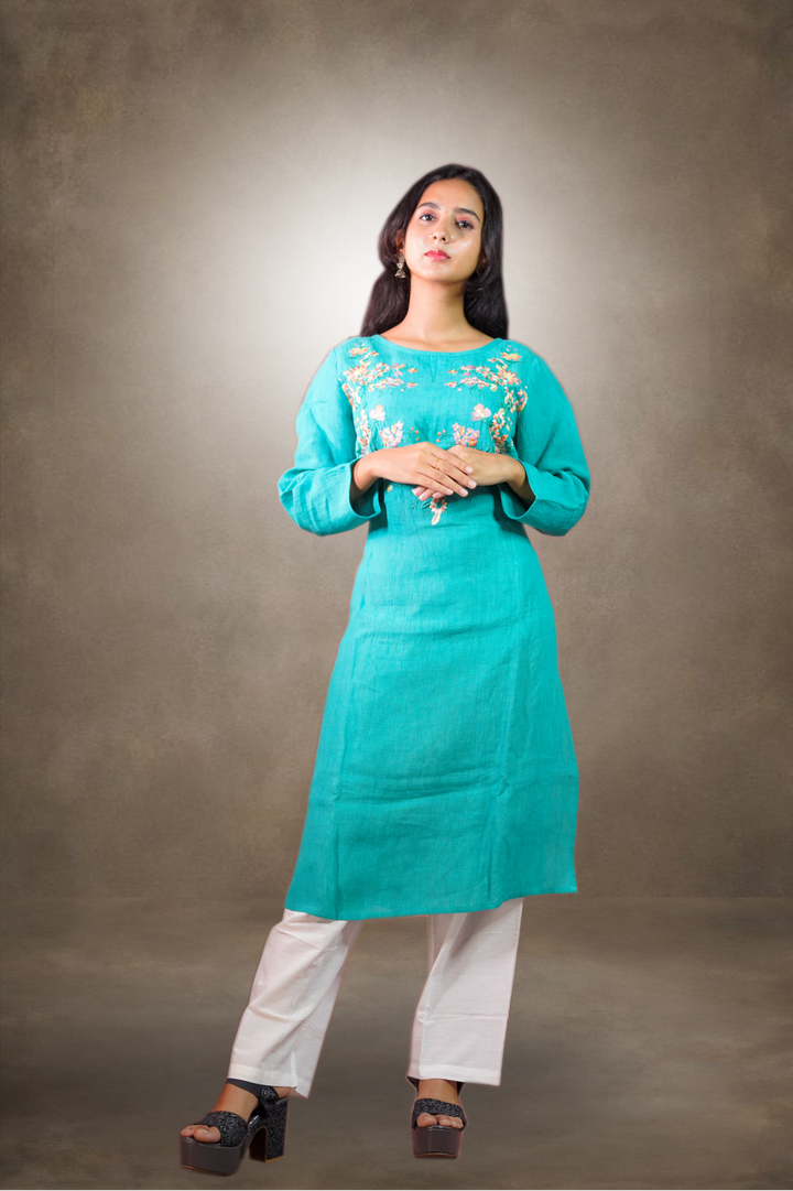 Green Color Pure Linen Embroidery Worked Salwar Kameez