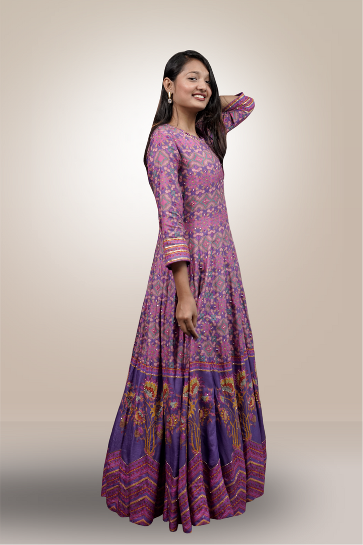 Violet Color Silk Pearl & Bead Worked Anarkali Suit