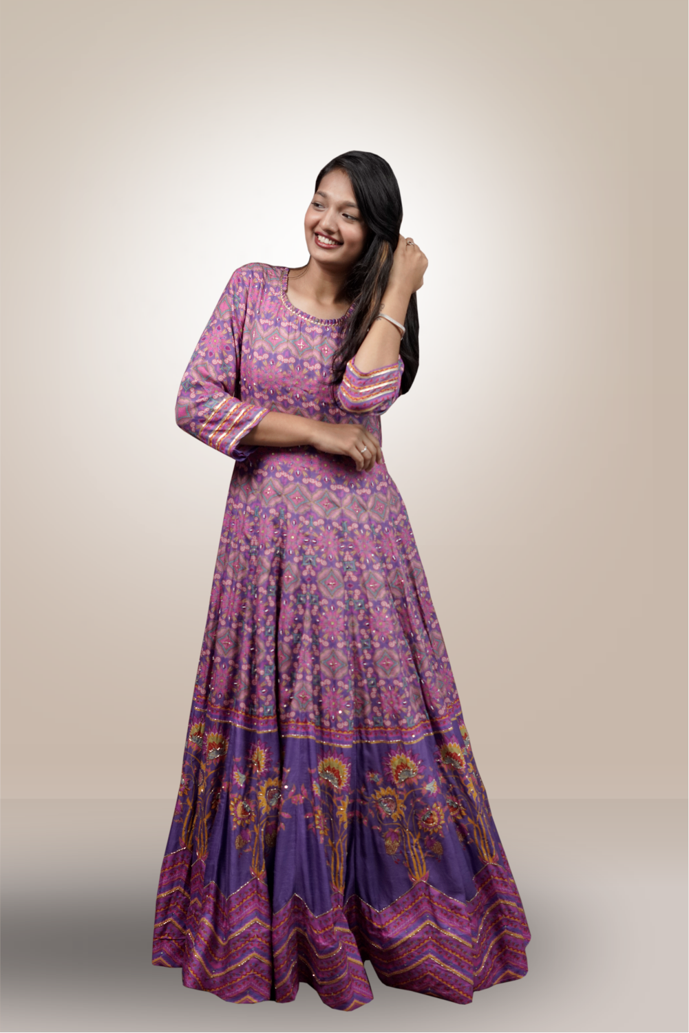 Violet Color Silk Pearl & Bead Worked Anarkali Suit