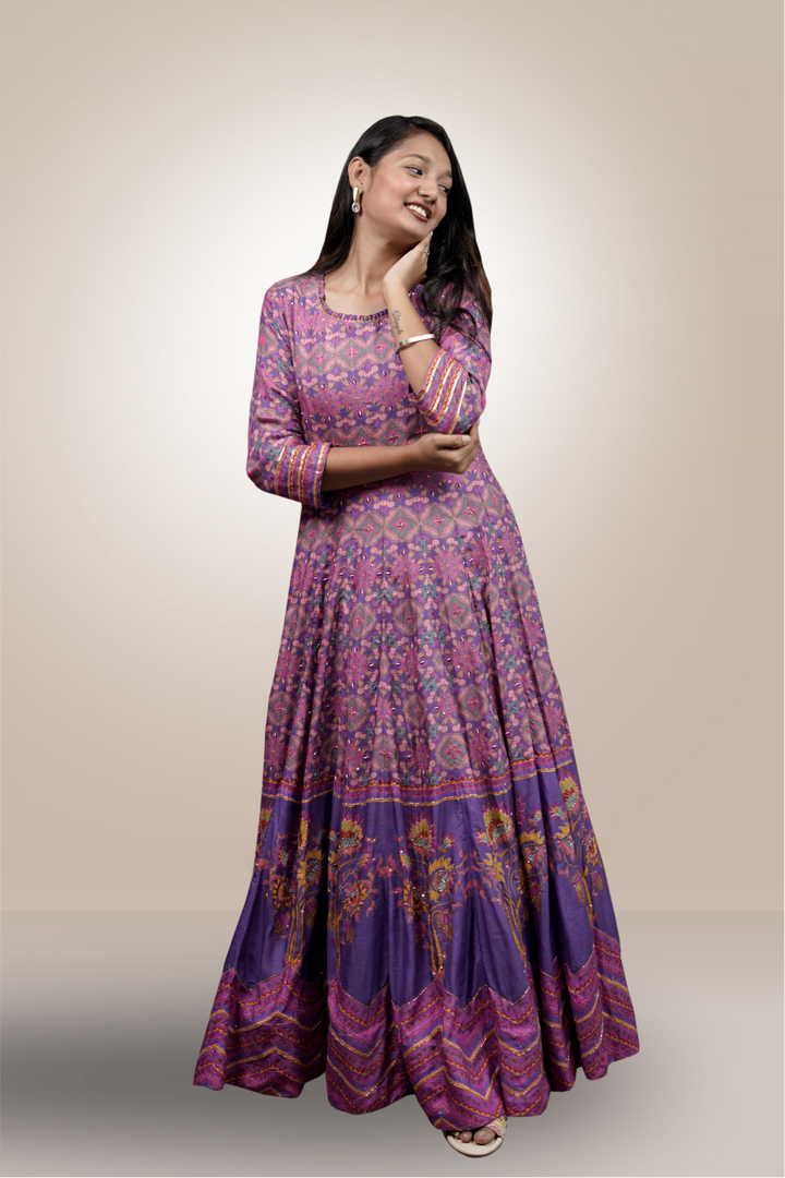 Violet Color Silk Pearl & Bead Worked Anarkali Suit