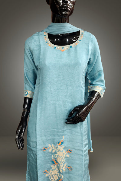 Light Blue Semi Silk Zari Weaving Salwar Kameez