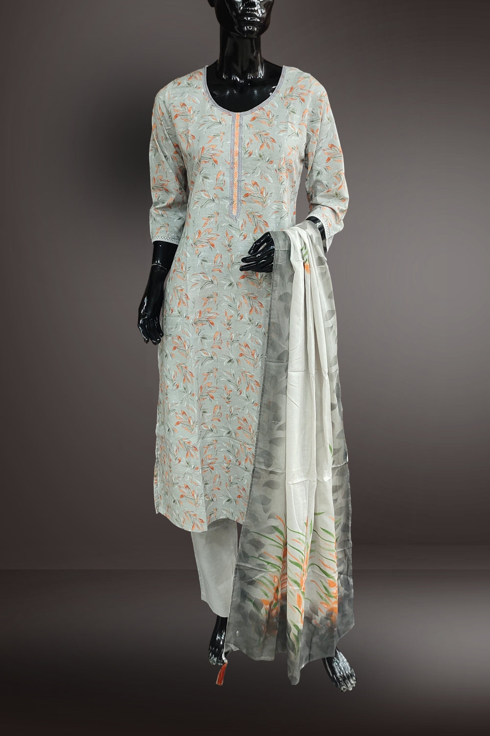 Grey Cotton Printed with Embroidered Salwar Kameez