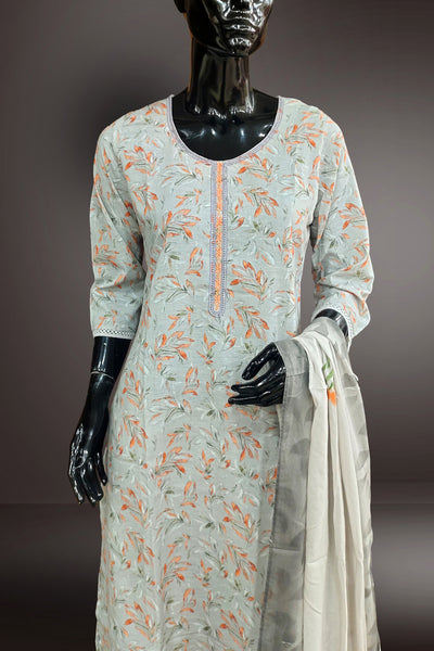 Grey Cotton Printed with Embroidered Salwar Kameez