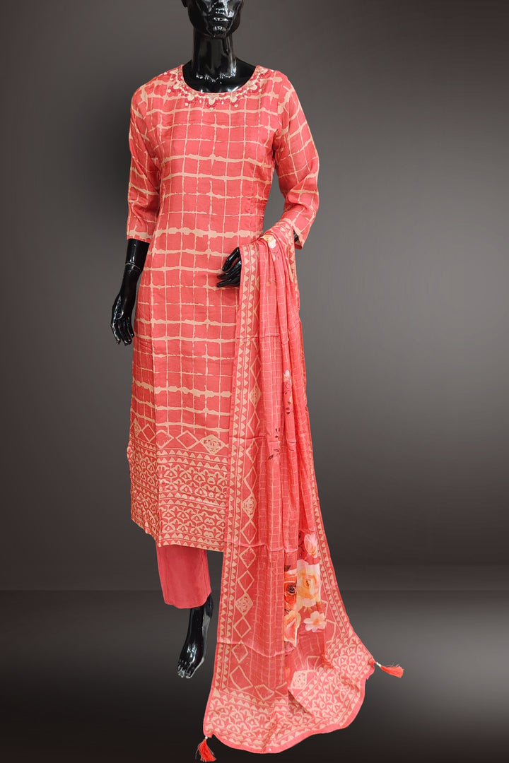 Chanderi Printed with Thread Embroidered Salwar Kameez