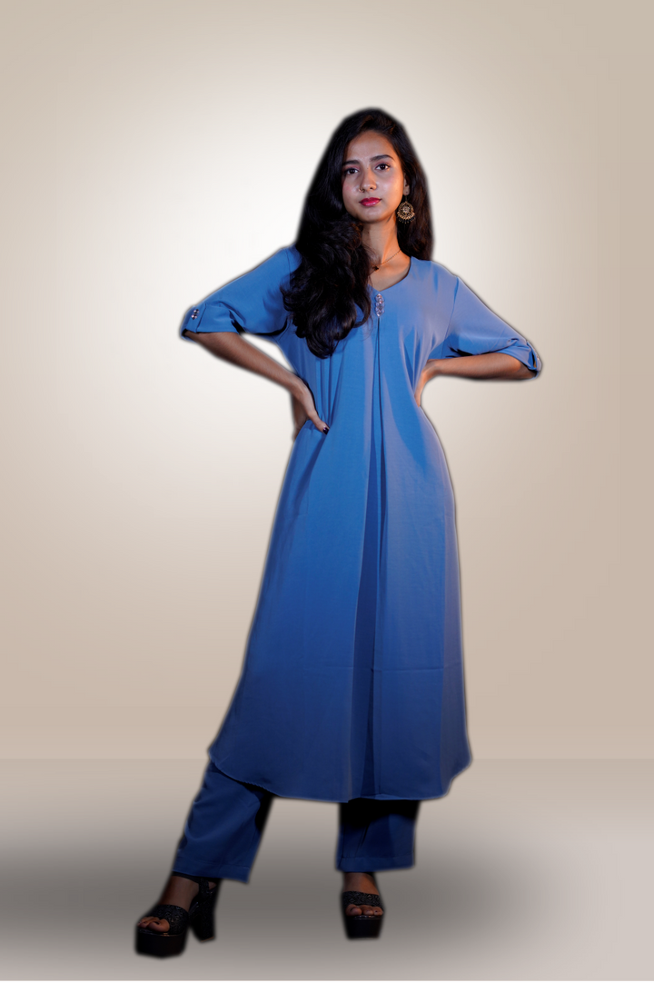 Powder Blue Color Semi Crepe Plain Straight Salwar Kameez