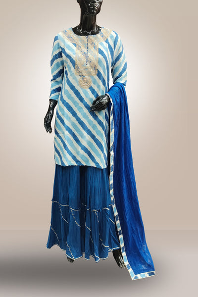 Dark Blue Silk Leheriya Printed with Embroidered Sharara Set