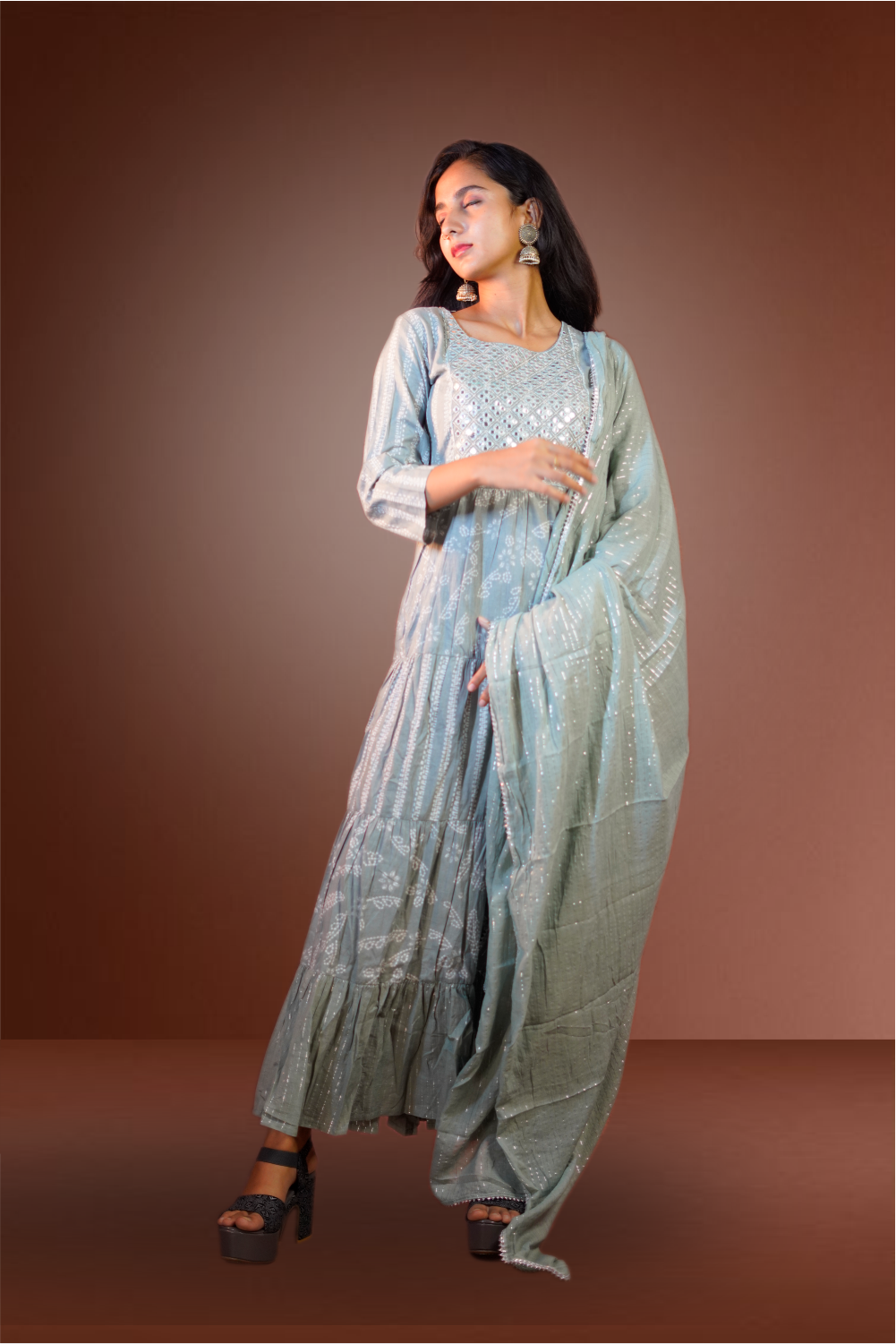 Grey Color Cotton Neck Worked Anarkali Suit