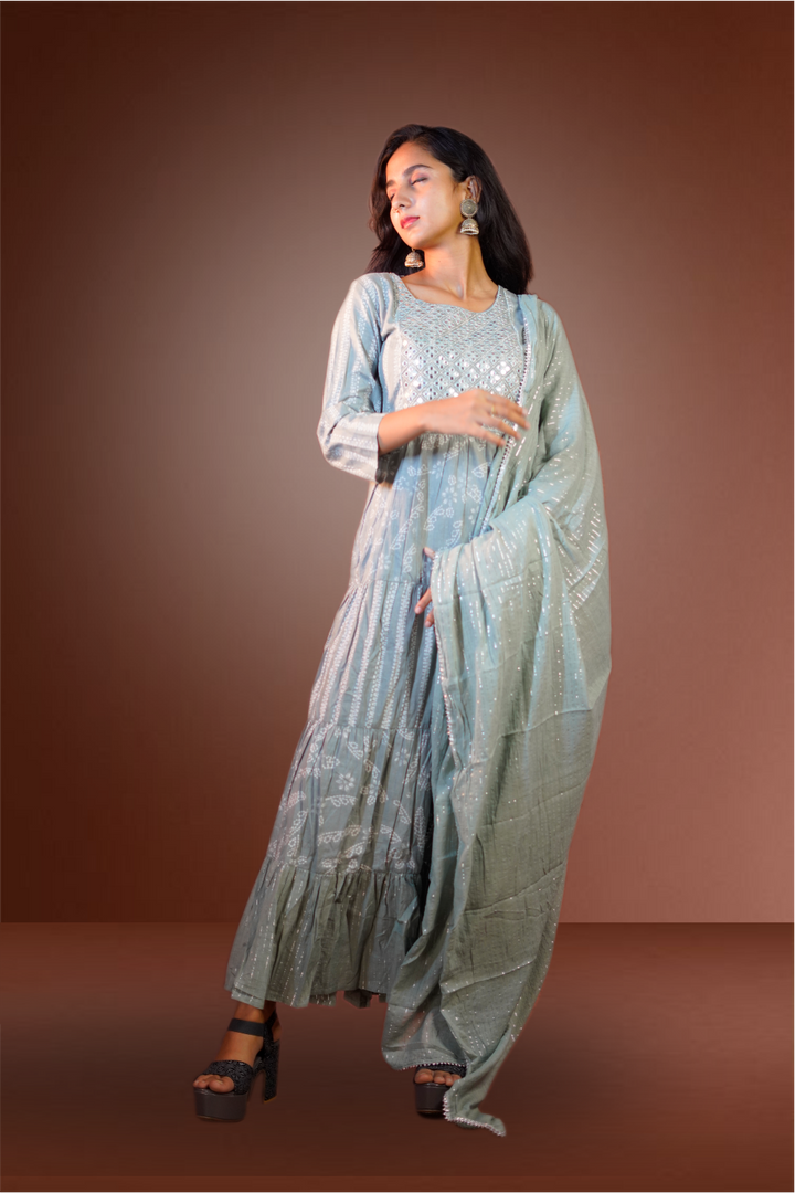 Grey Color Cotton Neck Worked Anarkali Suit