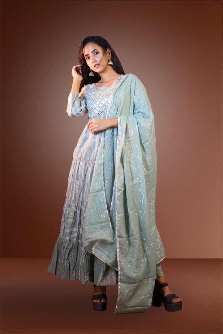 Grey Color Cotton Neck Worked Anarkali Suit