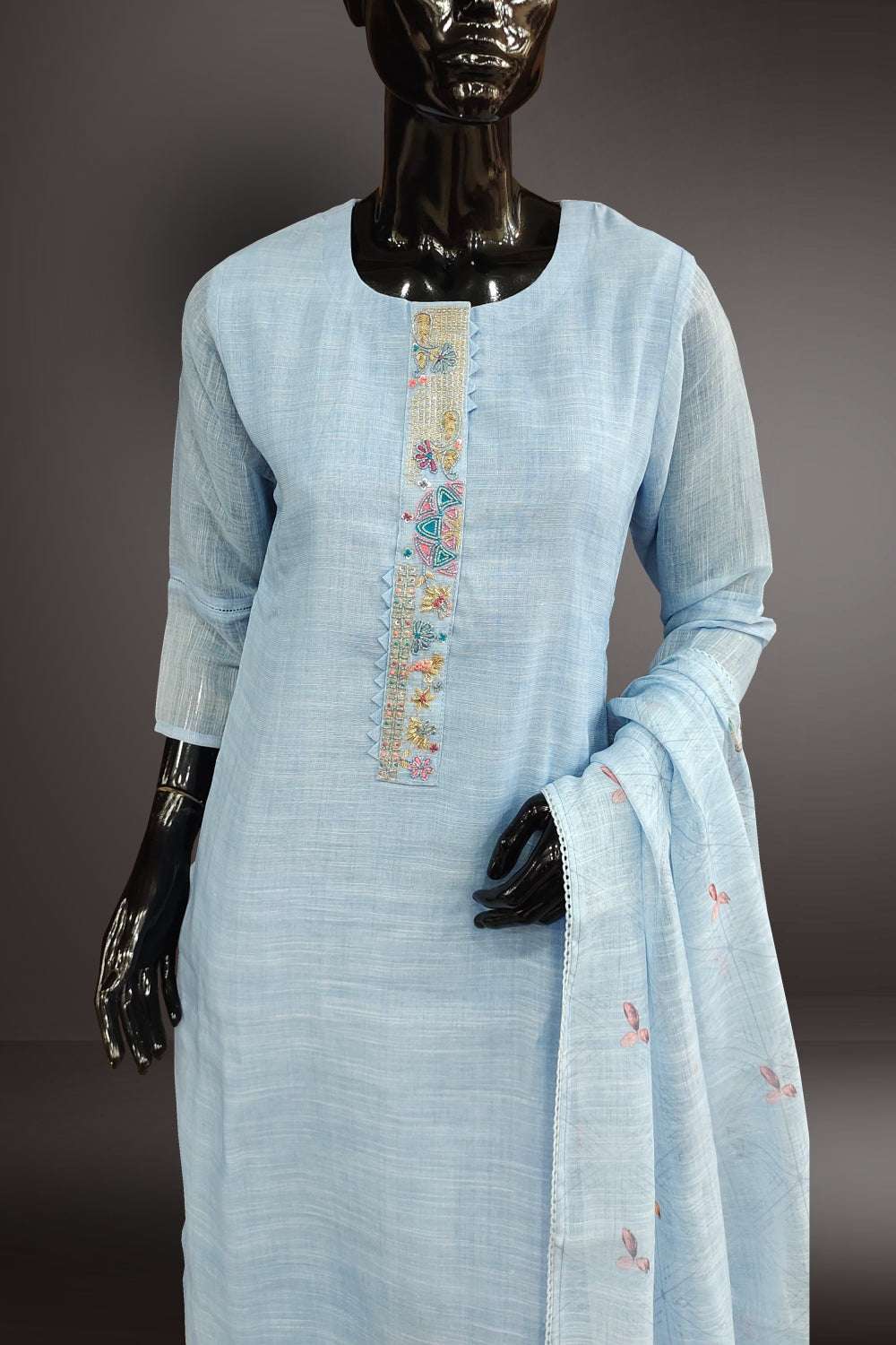 Linen Thread Embroidered with Beads Work Salwar Kameez