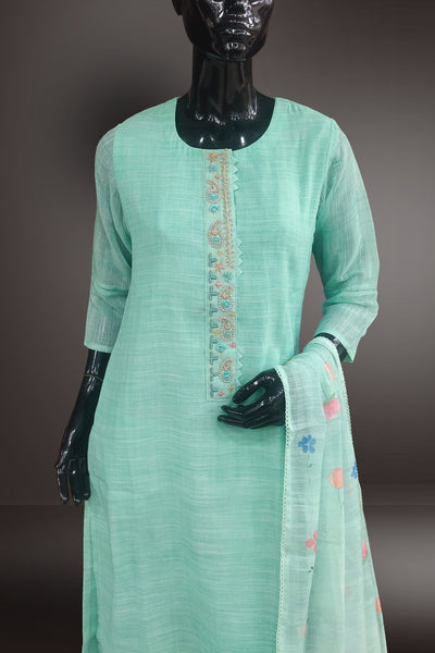 Green Linen Thread Embroidered with Beads Work Salwar Kameez